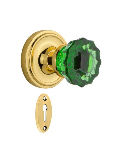 Classic Rosette Mortise Lock Set with Colored Fluted Crystal Glass Knobs Emerald in Polished Brass.